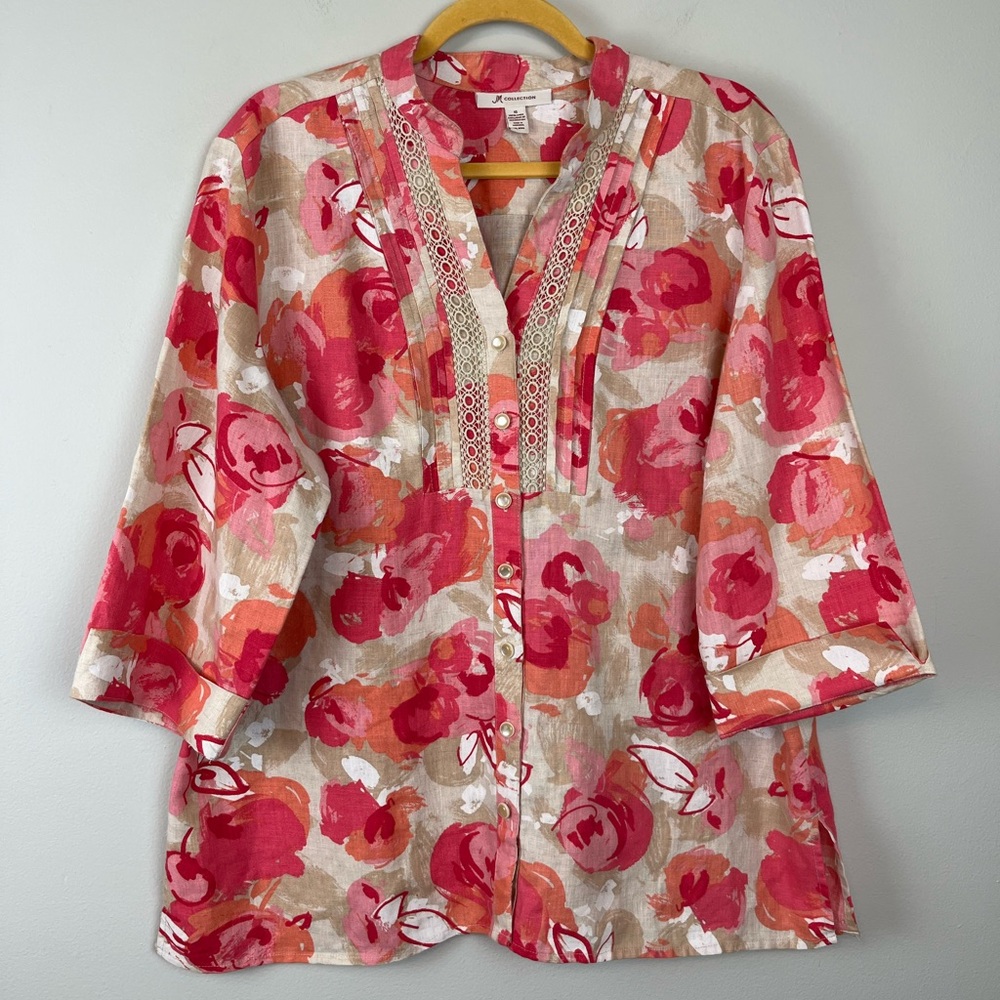 JM Collection 100% Linen Floral Cottage Core Button Down Shirt Top Size 16